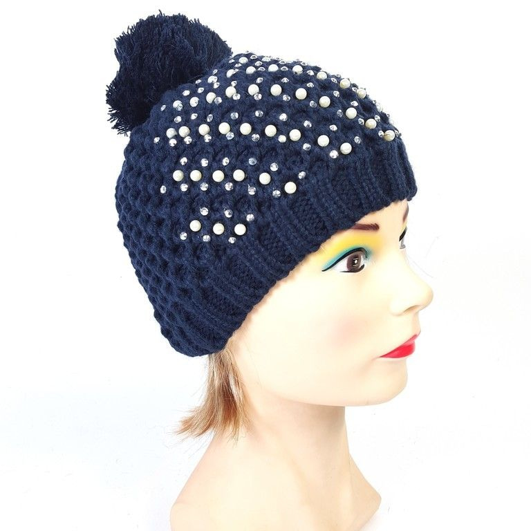 LUXE MUTS MET PARELS EN STRASS STEENTJES - DONKER BLAUW (1st)