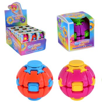 SpinShift fidgetballen in oranje-blauw en roze-geel, een los doosje en een display
