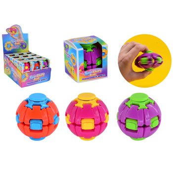 Drie gekleurde SpinShift fidgetballen, een hand die er een draait, een los doosje en een volle toonbankdisplay