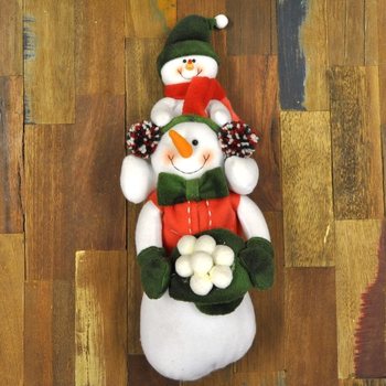 PLUCHE SNEEUWPOP MET SNEEUWBABY OP ZIJN SCHOUDERS 38 CM.