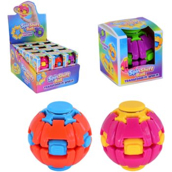 Twee SpinShift fidgetballen naast een los doosje en een toonbankdisplay