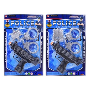 POLITIE SPEELSET MET MACHINE GEWEER, HANDBOEIEN, POLITIE BATCH OP KAART (6st.)