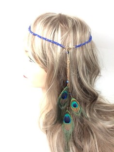 GEVLOCHTEN HAARBAND BLAUW MET PAUWENVEREN (1st)