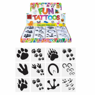 FUN TATTOO&rsquo;S - MODEL: VOETSPOREN DIEREN, Elk pakjes 12x Tattoo&rsquo;s IN DISPLAY (48st.)