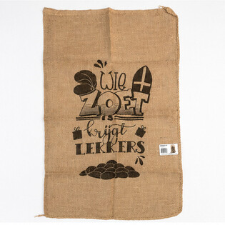 GROTE SINTERKLAAS JUTE ZAK - MET TEKST: WIE ZOET IS KRIJGT LEKKERS - Ca. 60 x 100 Cm. (1st.)